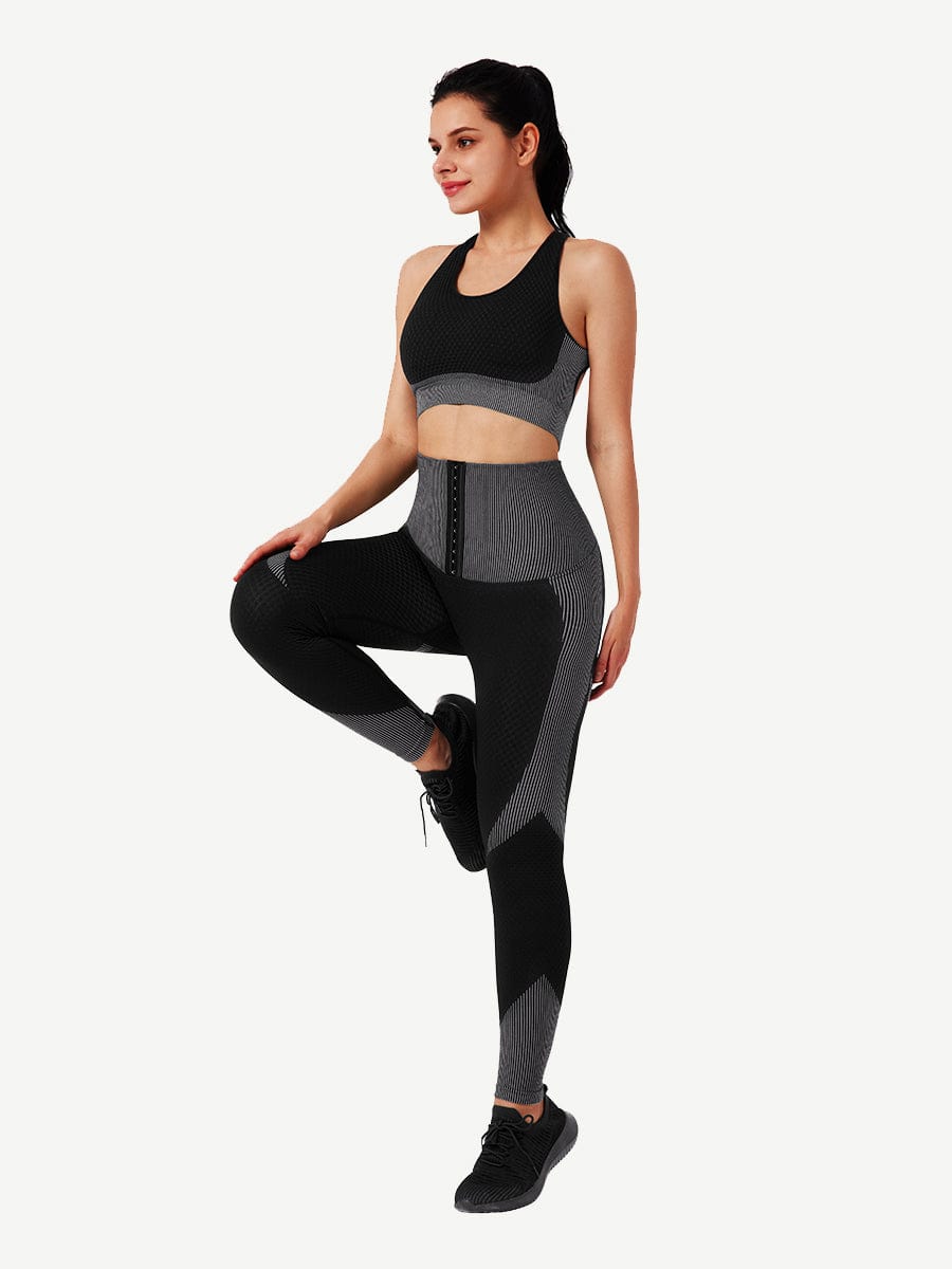 Seamless High-waisted Tummy Yoga Pants With Three-row Eye And Hook Closure