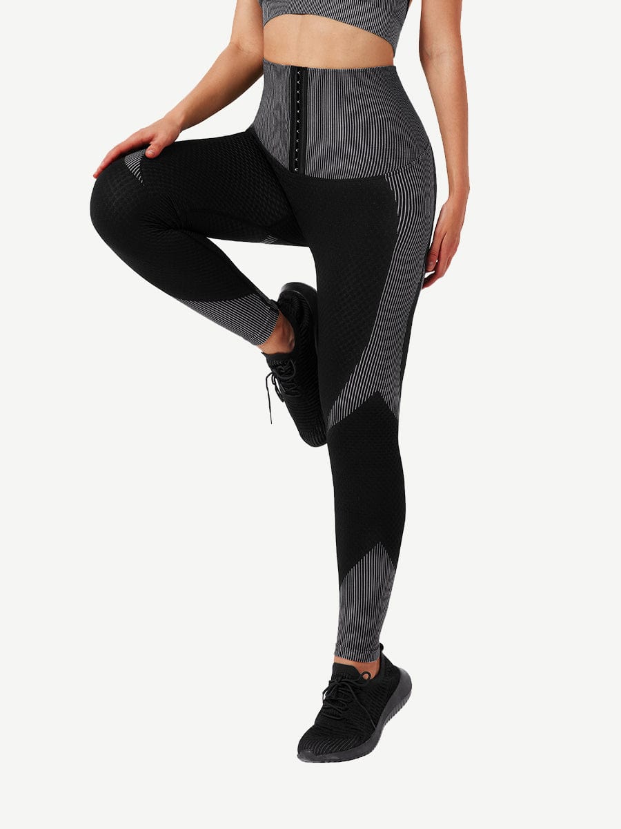 Seamless High-waisted Tummy Yoga Pants With Three-row Eye And Hook Closure