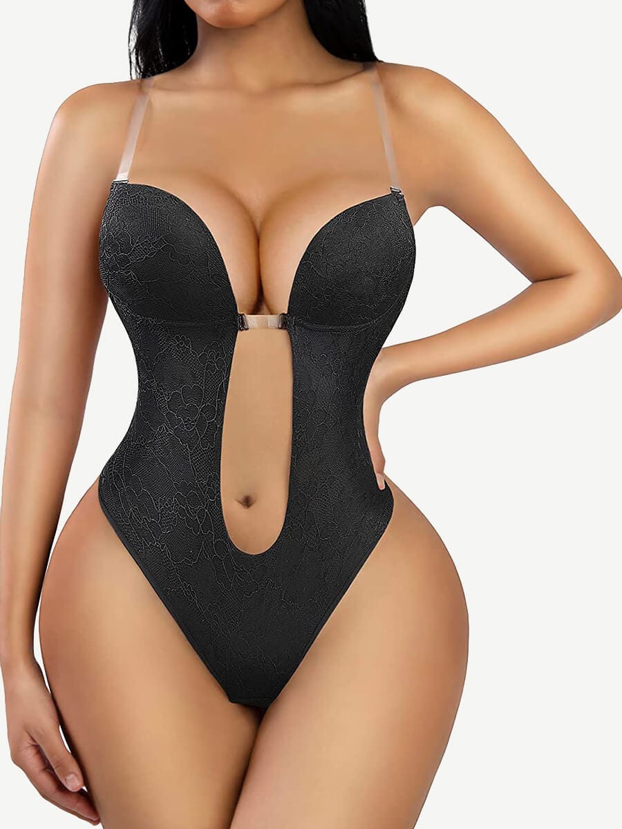One-piece Deep V Necklines Lace Thong Bodysuit