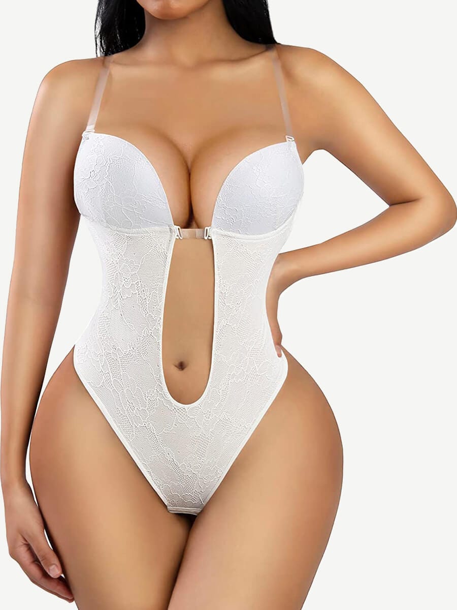 One-piece Deep V Necklines Lace Thong Bodysuit