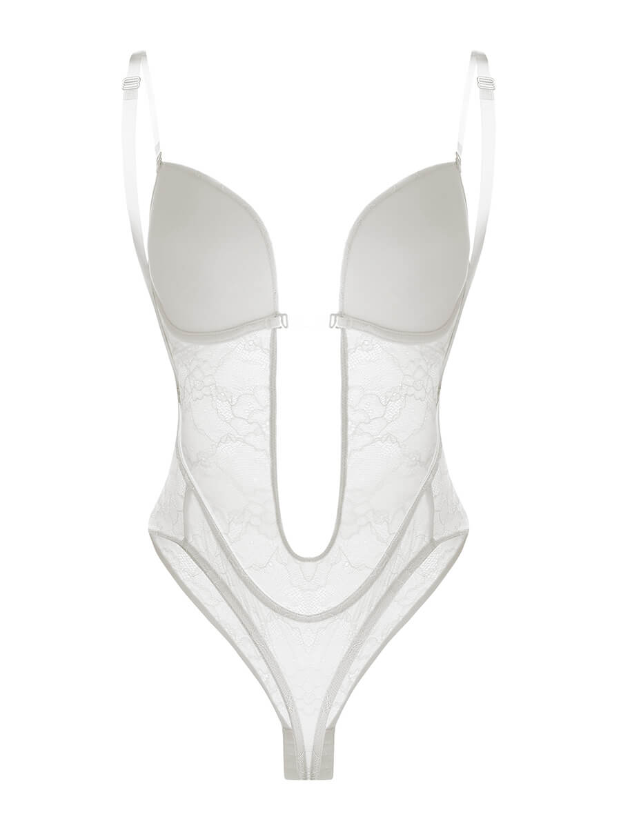 One-piece Deep V Necklines Lace Thong Bodysuit