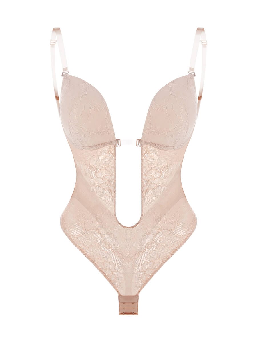 One-piece Deep V Necklines Lace Thong Bodysuit