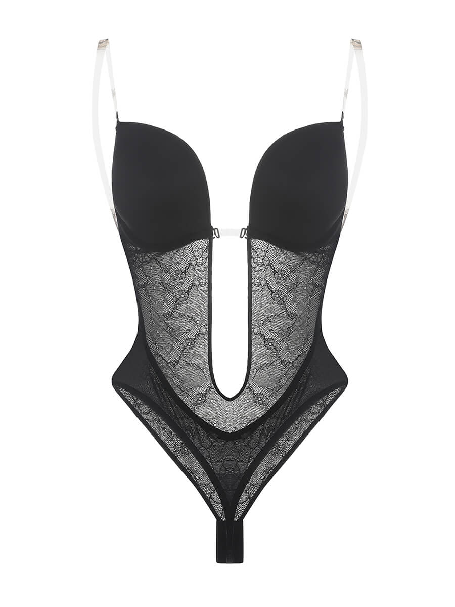 One-piece Deep V Necklines Lace Thong Bodysuit
