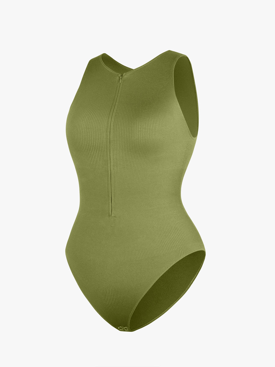 Seamless Ribbed Zip Front Sleeveless Briefs Bodysuit