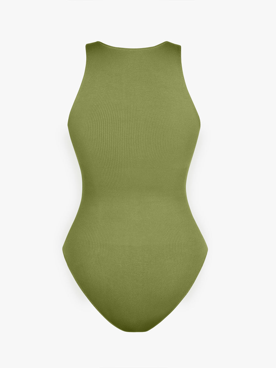 Seamless Ribbed Zip Front Sleeveless Briefs Bodysuit