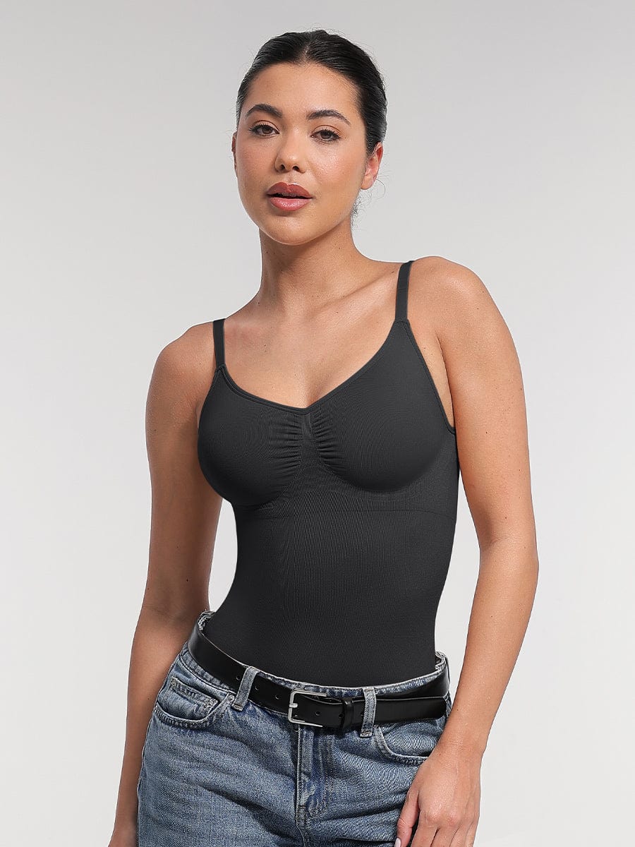 Seamless Bra Free Cami Tummy Control Thong Bodysuit with Removable Pads
