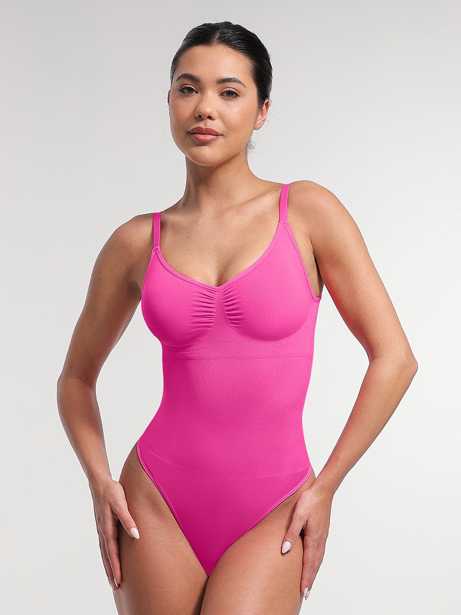 Seamless Bra Free Cami Tummy Control Thong Bodysuit with Removable Pads