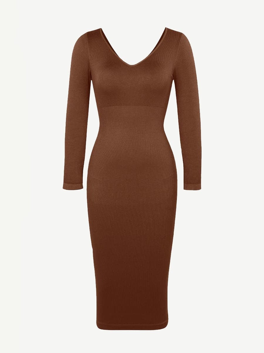 🌿 Eco-friendly Seamless V Neck Long Sleeve Waist Trimming Shaper Dress