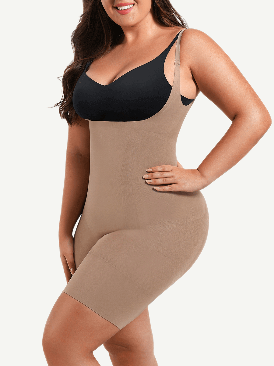 Seamless Open-Bust Abdomen Flattening Mid-Thigh Bodysuit