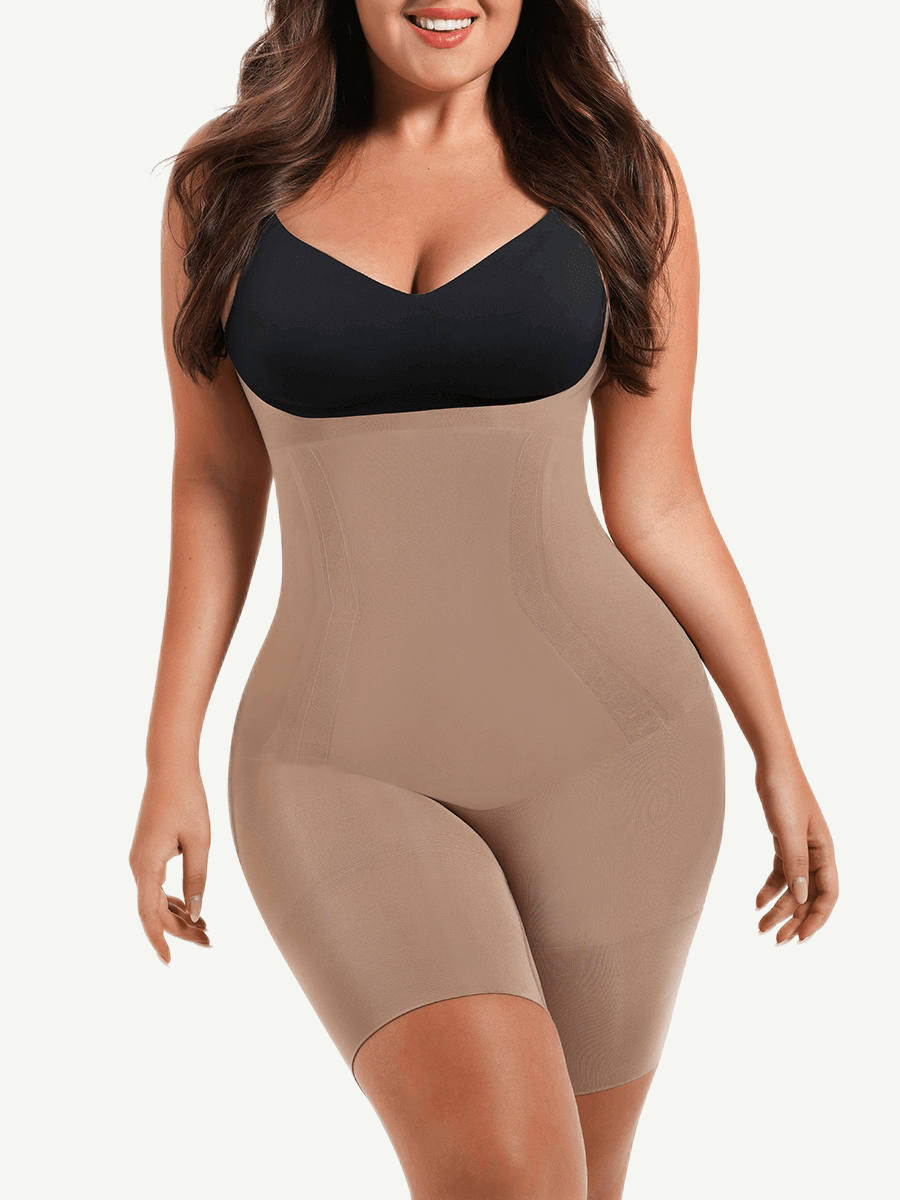 Seamless Open-Bust Abdomen Flattening Mid-Thigh Bodysuit