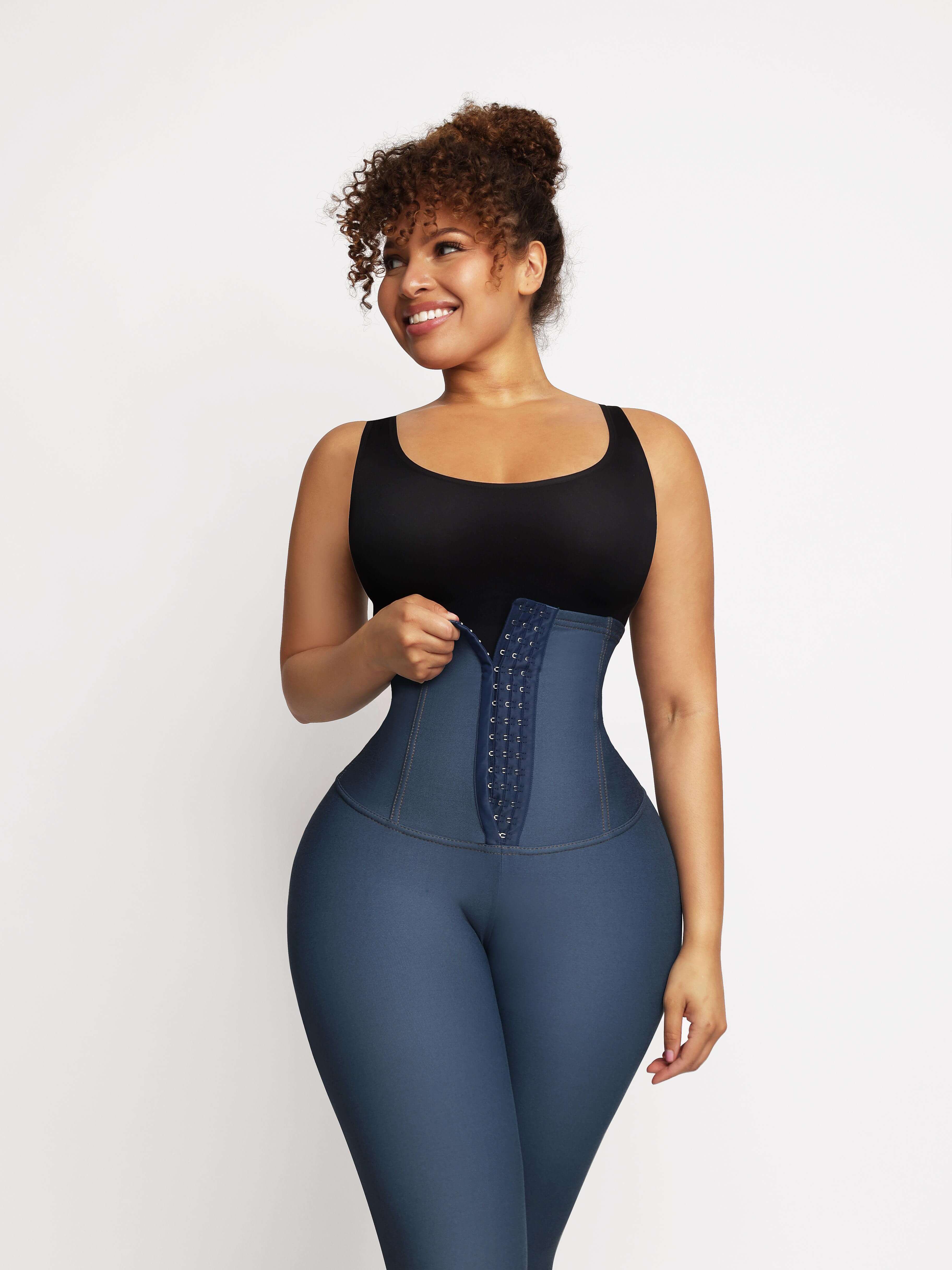High Waisted Three Breasted Belted Tummy Control Denim Trousers