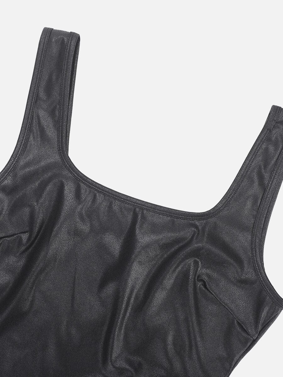 Faux Leather Square Comfy elastic Tummy Control Bodysuit