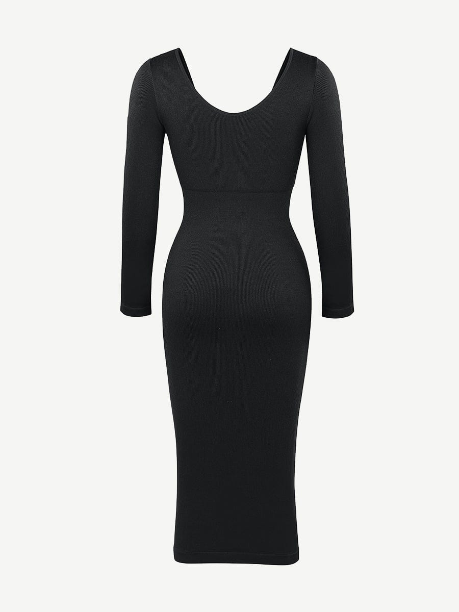 🌿 Eco-friendly Seamless V Neck Long Sleeve Waist Trimming Shaper Dress