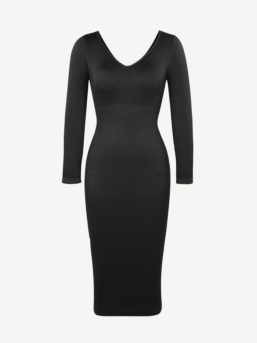 🌿 Eco-friendly Seamless V Neck Long Sleeve Waist Trimming Shaper Dress