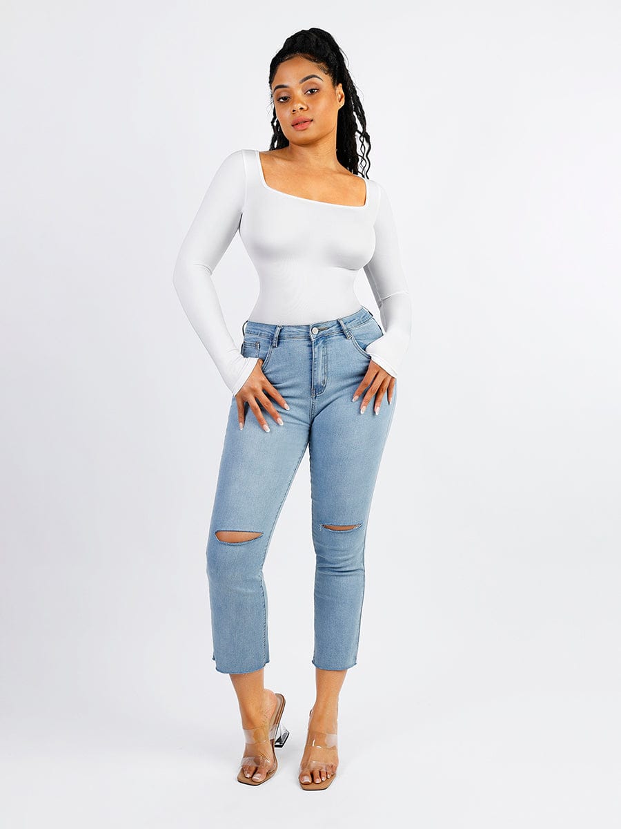 🌿Seamless Eco-friendly Square Neck Long Sleeve 360° Waist Control Thong Bodysuit