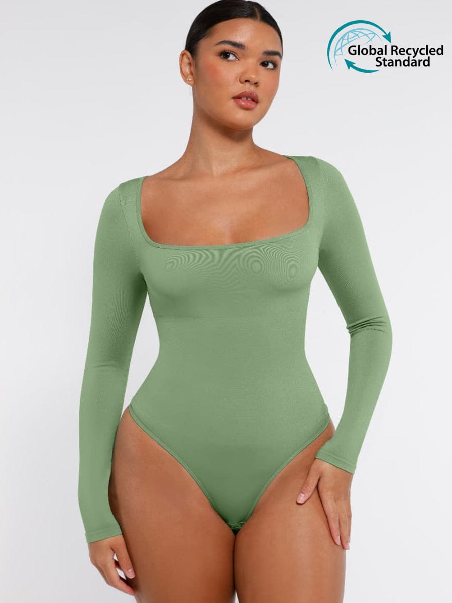 🌿Seamless Eco-friendly Square Neck Long Sleeve 360° Waist Control Thong Bodysuit