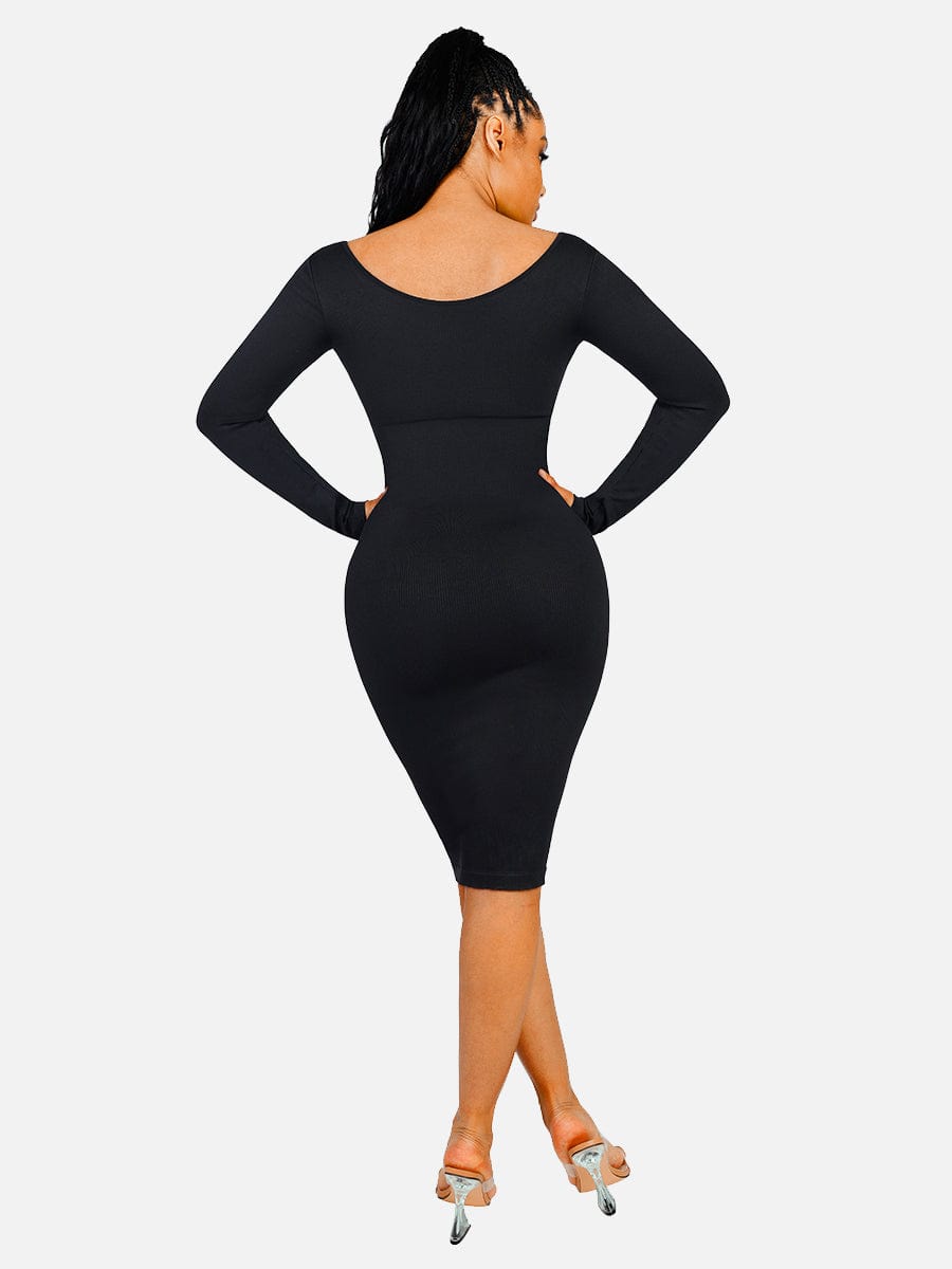 🌿 Eco-friendly Seamless V Neck Long Sleeve Waist Trimming Shaper Dress