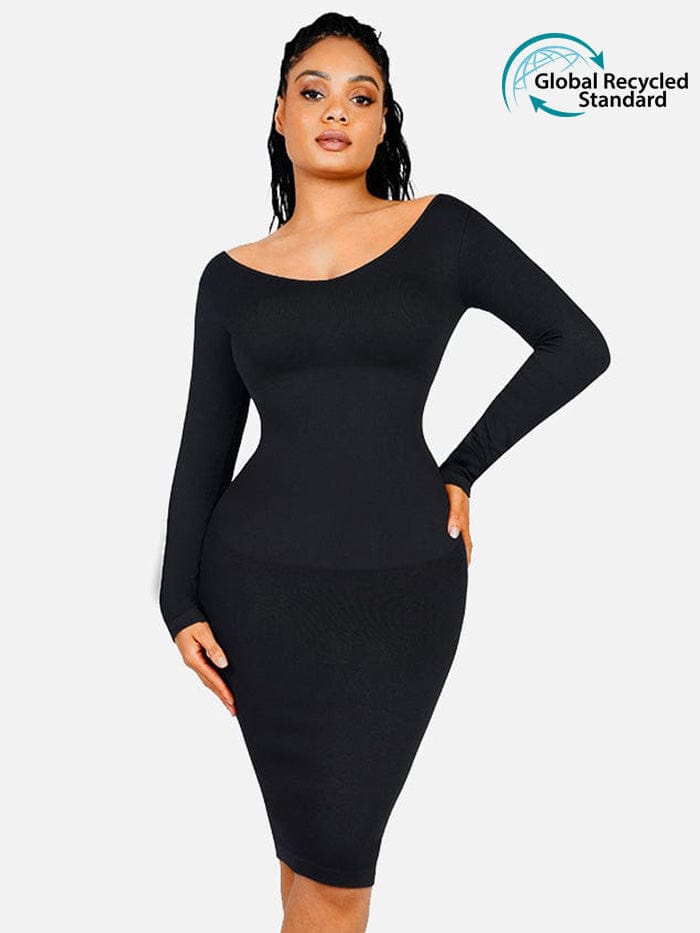 🌿 Eco-friendly Seamless V Neck Long Sleeve Waist Trimming Shaper Dress
