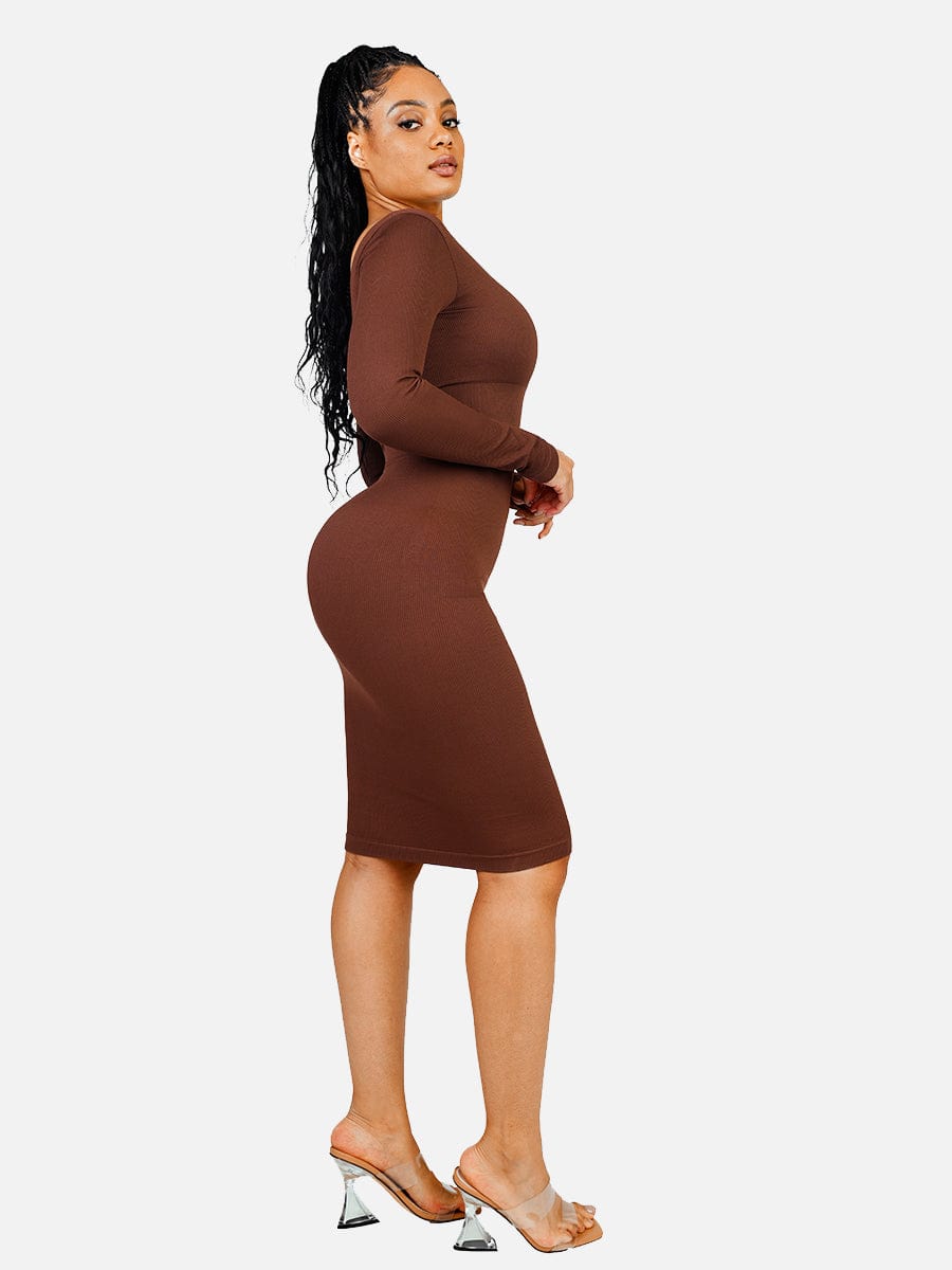 🌿 Eco-friendly Seamless V Neck Long Sleeve Waist Trimming Shaper Dress