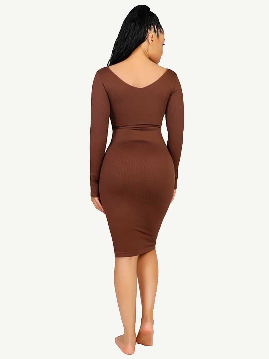 🌿 Eco-friendly Seamless V Neck Long Sleeve Waist Trimming Shaper Dress
