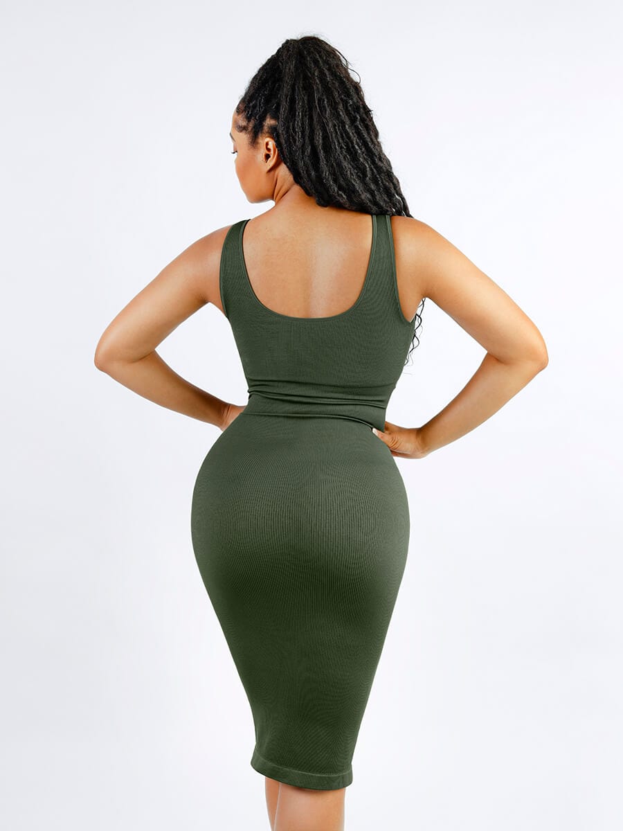 🌿 Eco-friendly Seamless Deep V-neck Waist Trimming Shaping Dress with Removable Pads