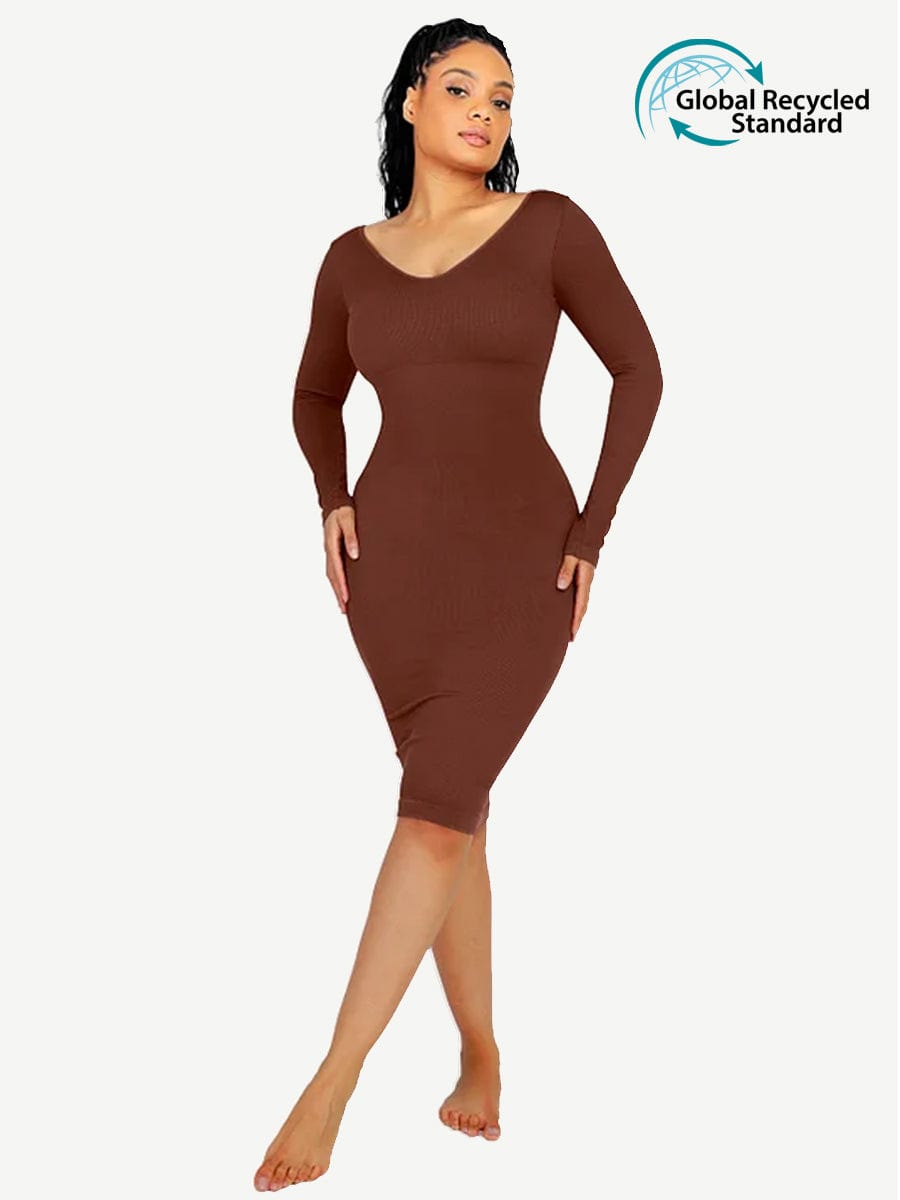 🌿 Eco-friendly Seamless V Neck Long Sleeve Waist Trimming Shaper Dress