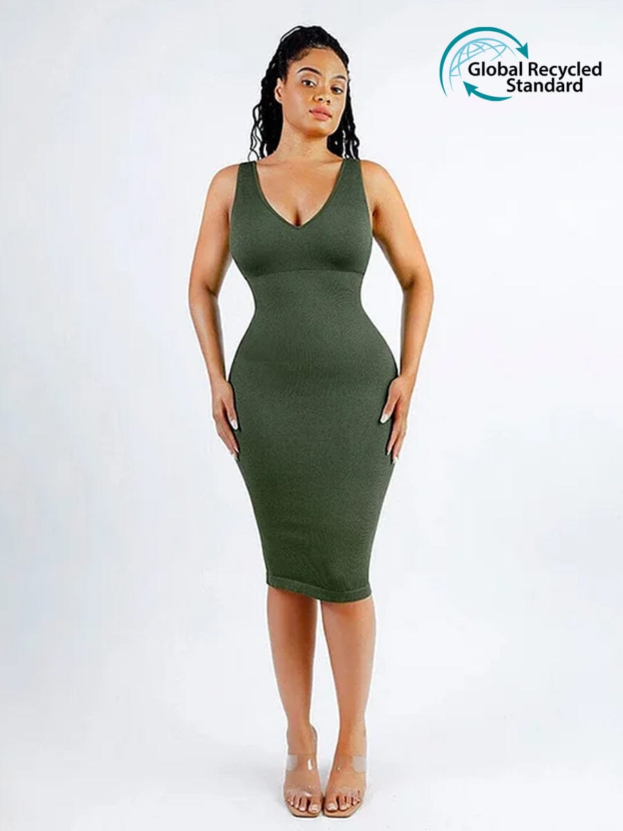 🌿 Eco-friendly Seamless Deep V-neck Waist Trimming Shaping Dress with Removable Pads