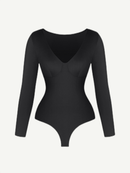 V-Neck Long Sleeve Thong Waist Control Bodysuit