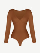 V-Neck Long Sleeve Thong Waist Control Bodysuit