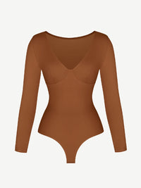 V-Neck Long Sleeve Thong Waist Control Bodysuit