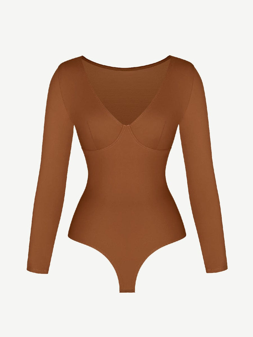 V-Neck Long Sleeve Thong Waist Control Bodysuit