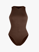 Seamless Ribbed Zip Front Sleeveless Briefs Bodysuit