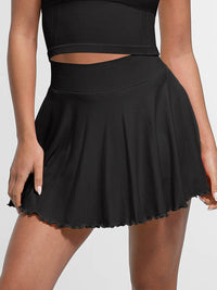 Mid-Waist A Line Skirt Flared Ruffle Hem Built in Shorts with Pockets