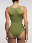 Seamless Ribbed Zip Front Sleeveless Briefs Bodysuit
