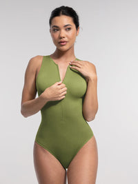 Seamless Ribbed Zip Front Sleeveless Briefs Bodysuit