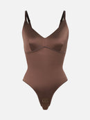 Shaping Satin Built-in Elastic Mesh Fabric Thong Bodysuit