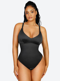 Shaping Satin Built-in Elastic Mesh Fabric Thong Bodysuit