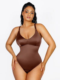 Shaping Satin Built-in Elastic Mesh Fabric Thong Bodysuit