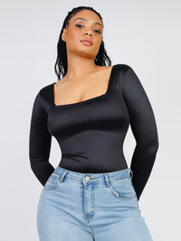 Square Neck Long Sleeve Sleek Thong Bodysuit