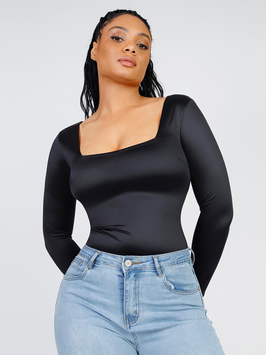 Square Neck Long Sleeve Sleek Thong Bodysuit