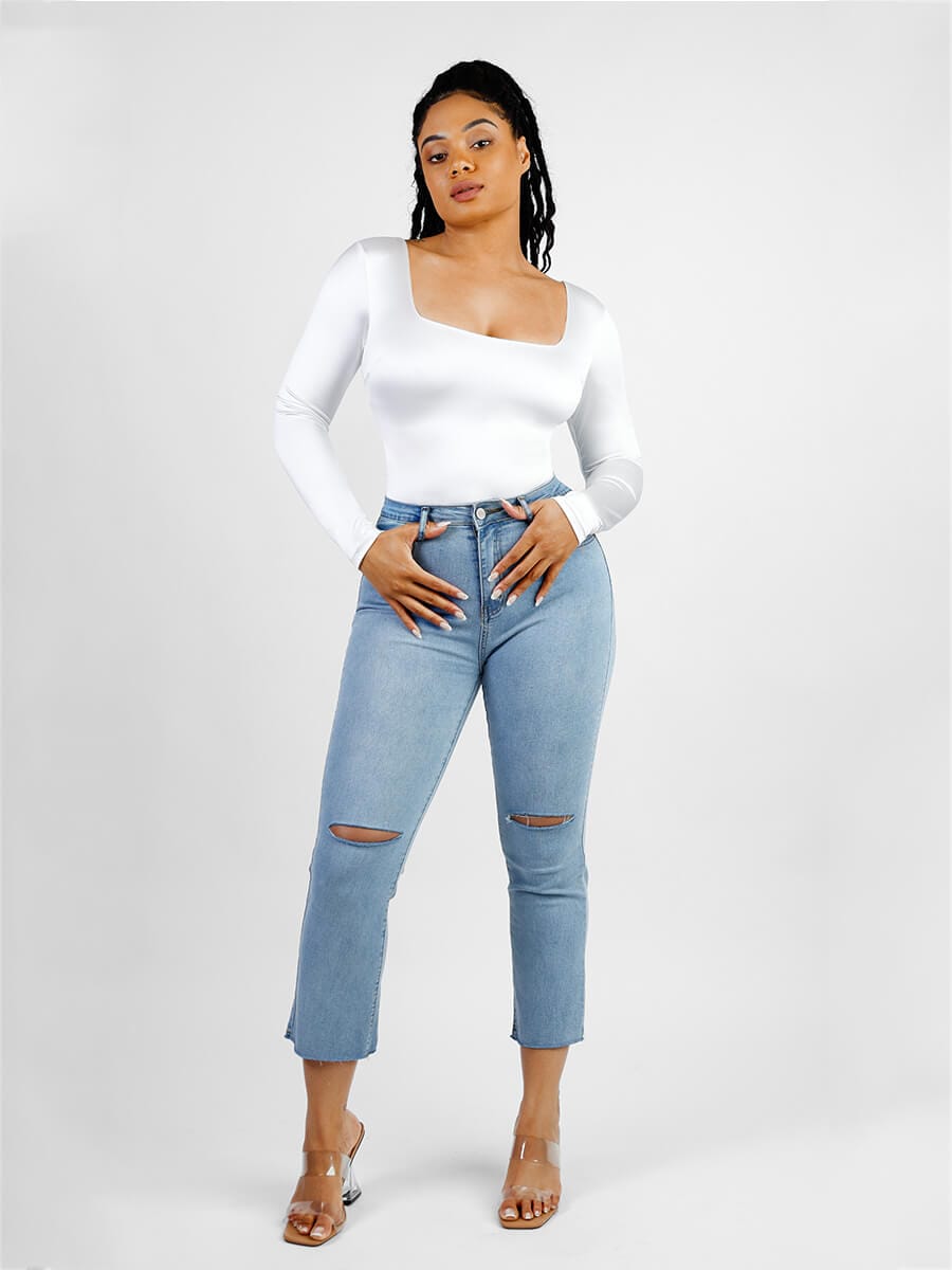 Square Neck Long Sleeve Sleek Thong Bodysuit