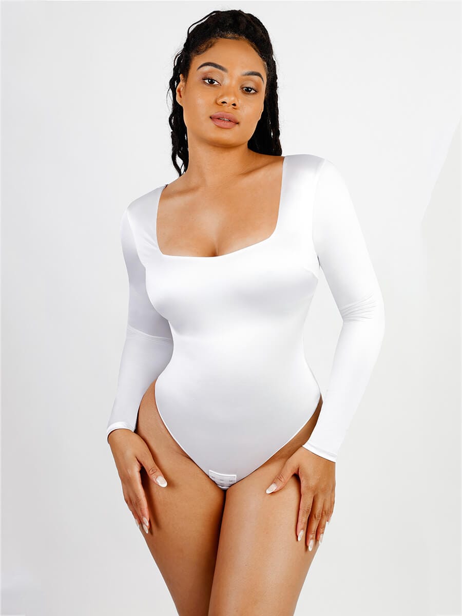 Square Neck Long Sleeve Sleek Thong Bodysuit