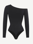 Seamless Diagonal Neck Long Sleeve Waist Trimming Thong Bodysuit