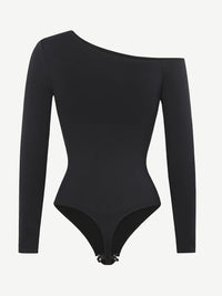 Seamless Diagonal Neck Long Sleeve Waist Trimming Thong Bodysuit