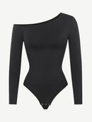 Seamless Diagonal Neck Long Sleeve Waist Trimming Thong Bodysuit