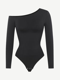 Seamless Diagonal Neck Long Sleeve Waist Trimming Thong Bodysuit