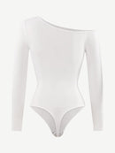 Seamless Diagonal Neck Long Sleeve Waist Trimming Thong Bodysuit
