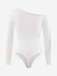 Seamless Diagonal Neck Long Sleeve Waist Trimming Thong Bodysuit