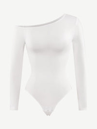 Seamless Diagonal Neck Long Sleeve Waist Trimming Thong Bodysuit