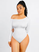 Seamless Diagonal Neck Long Sleeve Waist Trimming Thong Bodysuit